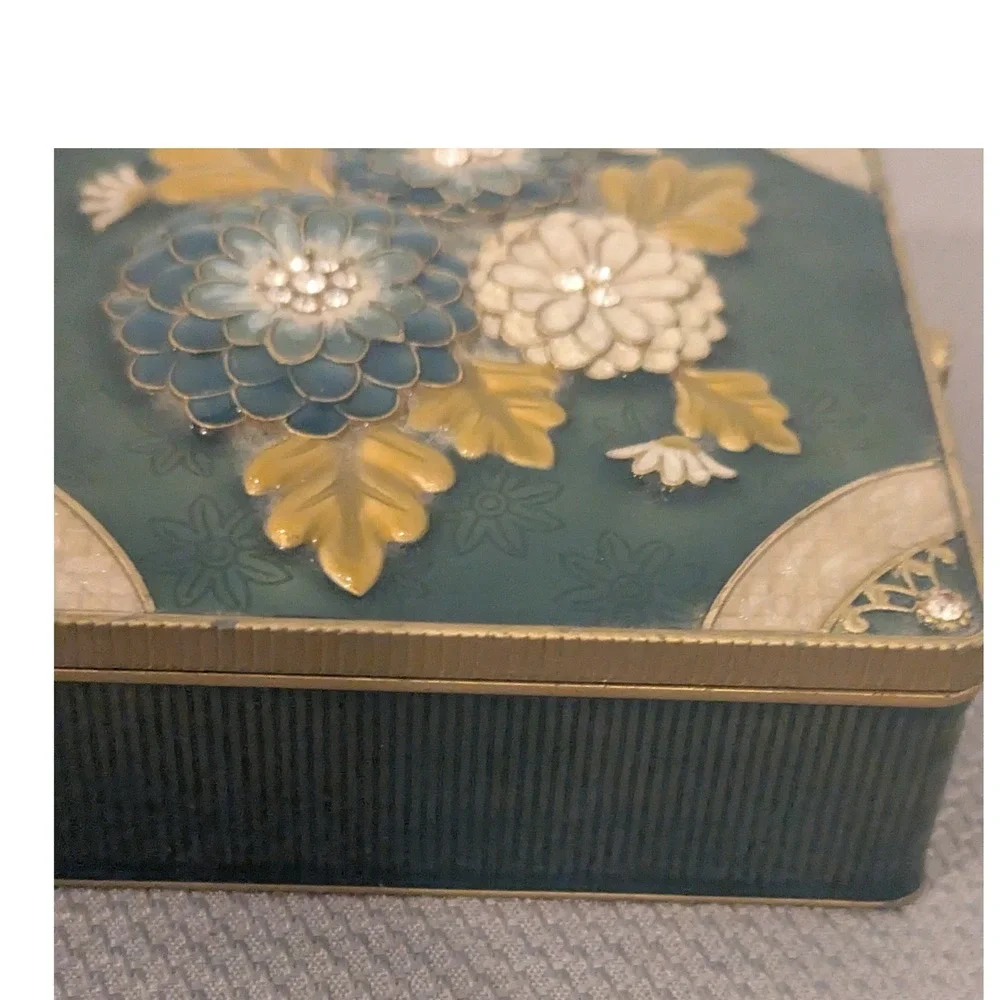 Vintage Enamel Floral Trinket Box Teal Rhinestone Inlay Mirrored Jewelry Case